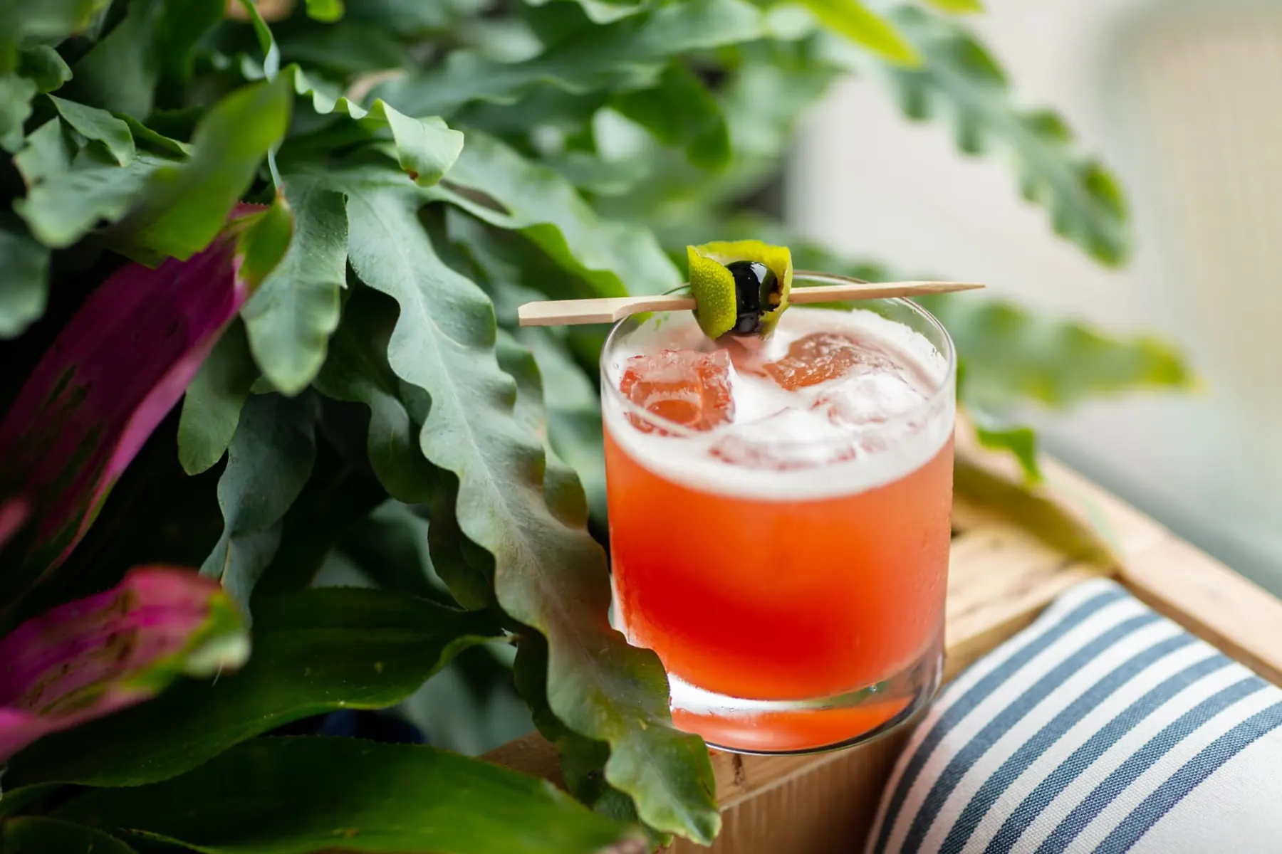 Red cocktail garnished with lime among tropical leaves