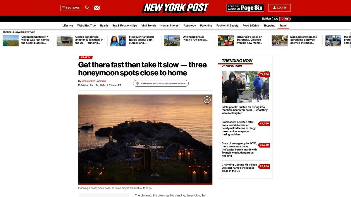 New York Post: Get there fast then take it slow: three honeymoon spots close to home